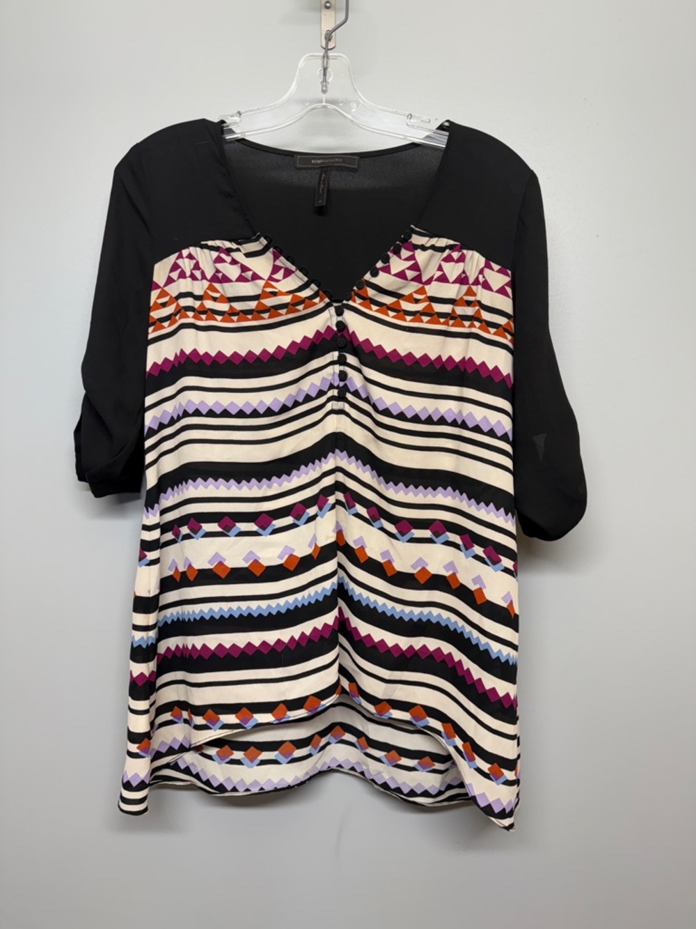 BCBGMaxAzria Black Lined Multicolor Geometric Print Top